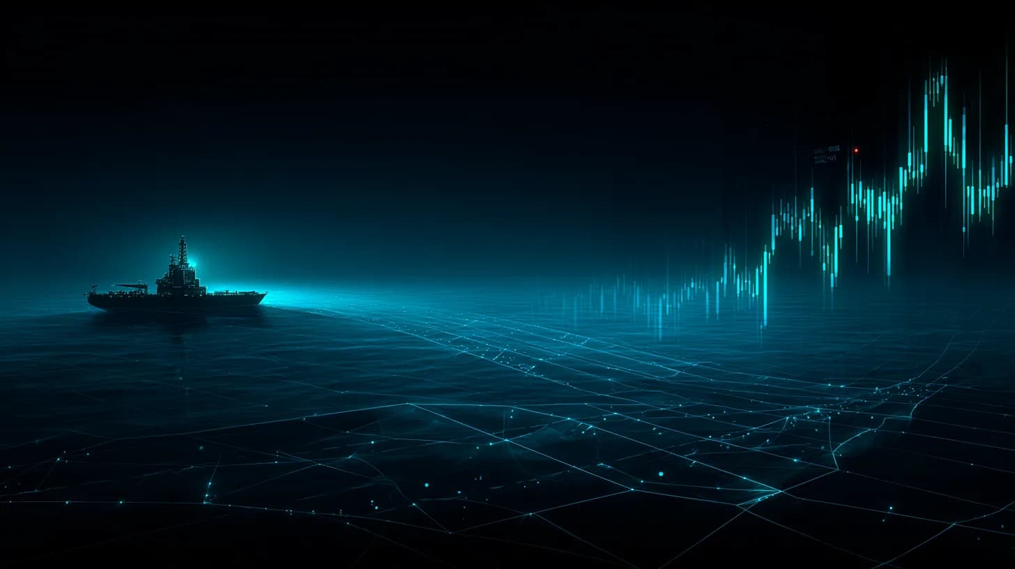 Split editorial illustration: Strait of Hormuz tanker at dusk and a Bitcoin chart cresting near $78K with a USDT lock icon.