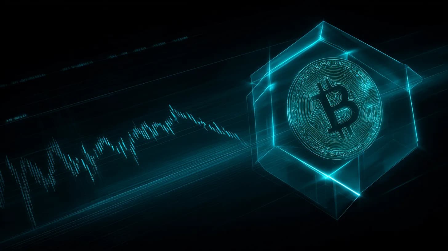 Bitcoin coin inside a translucent quantum lattice with a Solana-tinted gradient and a faded consolidation chart in the backgr