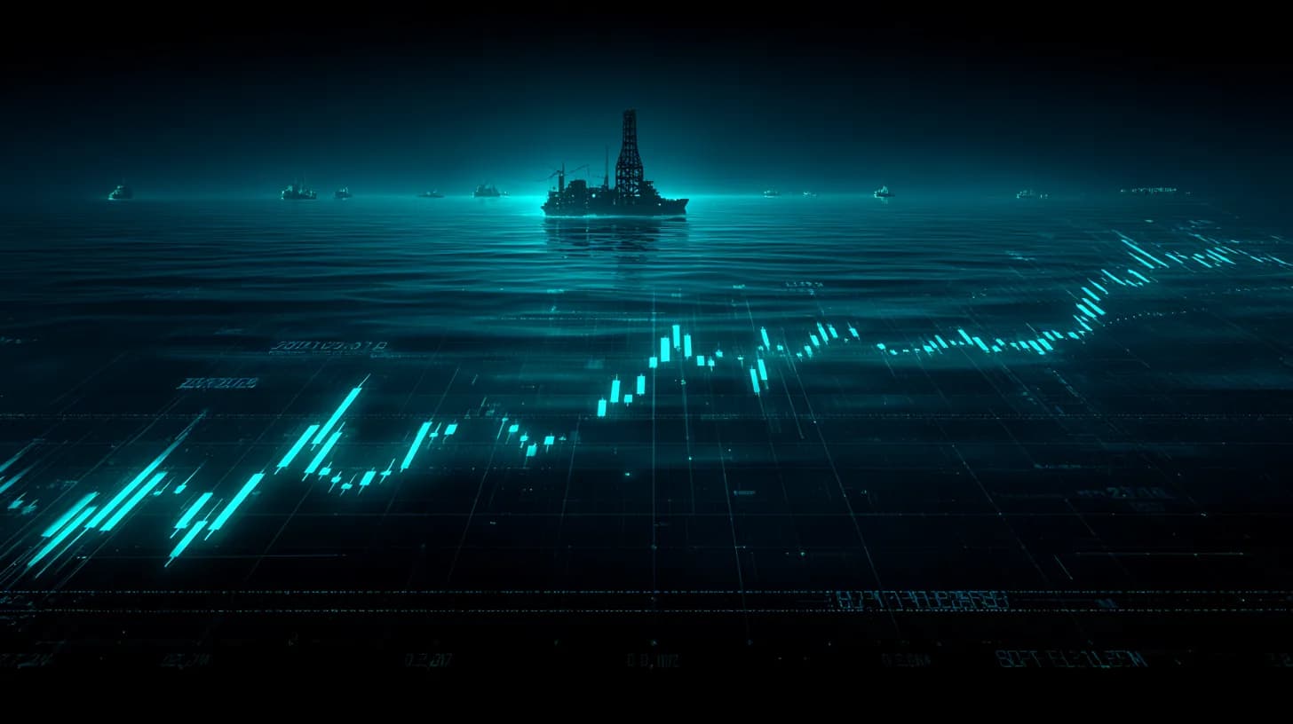 Bitcoin candle chart over a Federal Reserve silhouette and Hormuz oil tanker at dawn, signaling FOMC and geopolitical risk.