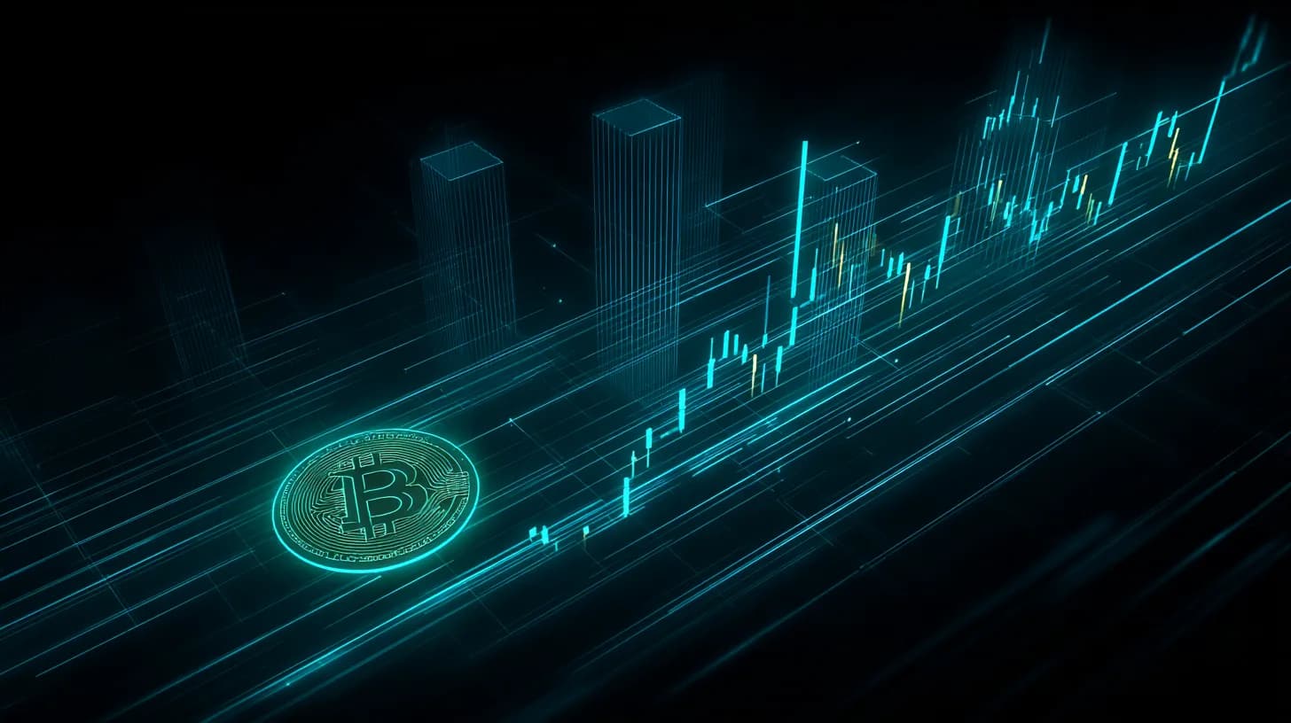 Stylized bitcoin coin descending across a candlestick chart with three corporate buildings merging in the background…