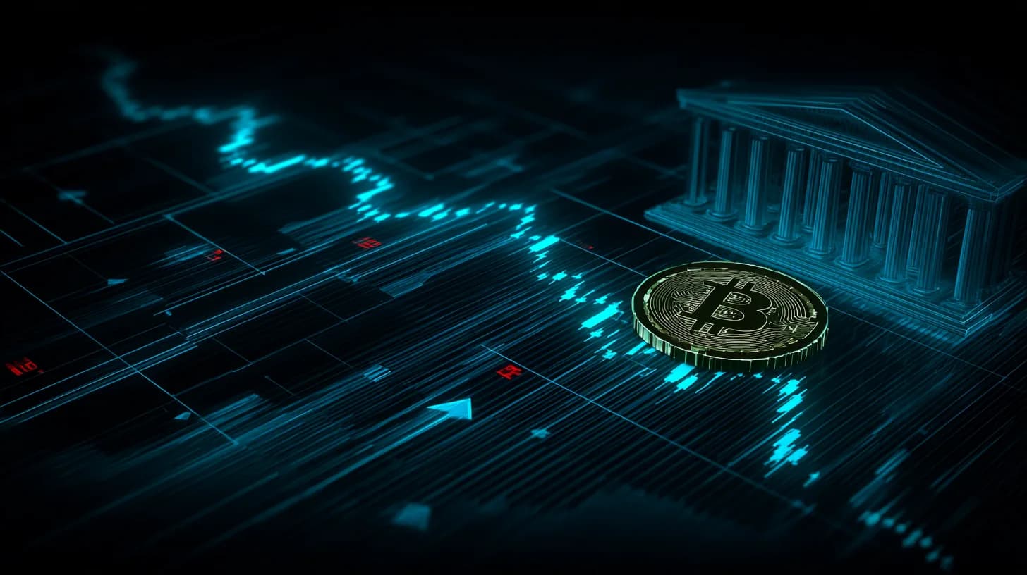Bitcoin coin half-submerged in red candles with Federal Reserve building silhouette as ETF tickets drain away