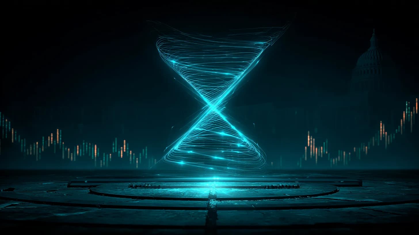 Compressed silver helix between two ledges marked 1.35 and 1.45 with bitcoin candles rising toward 80k in a dim trading…