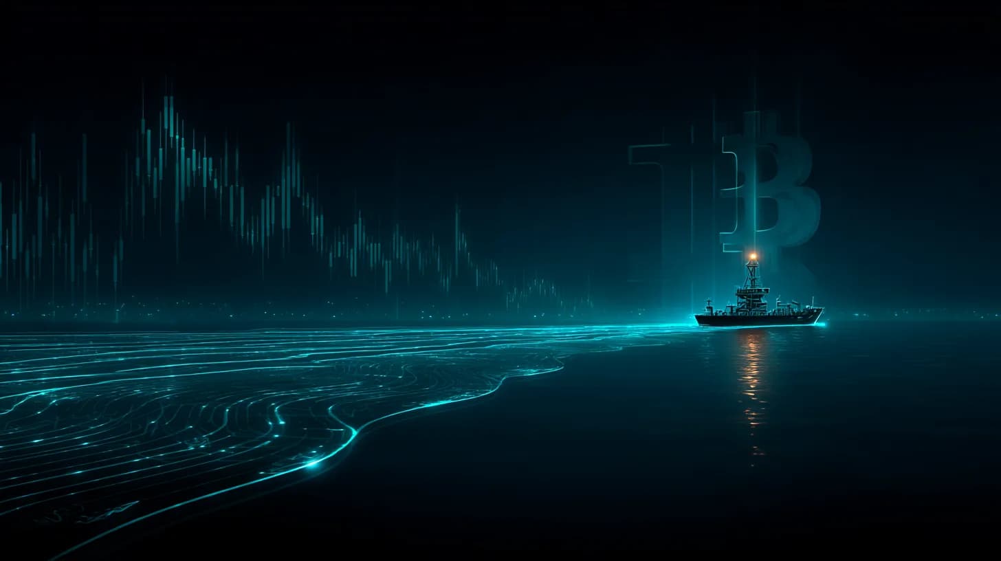 Tanker in Strait of Hormuz at dawn with Bitcoin glyph rising over horizon, candlestick chart overlay