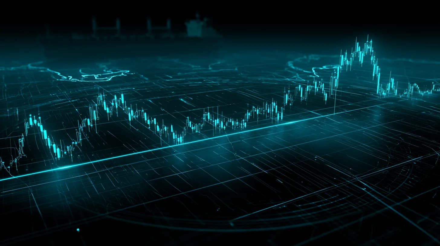 Bitcoin candlestick chart breaking above $82,000 with Persian Gulf map silhouette in background