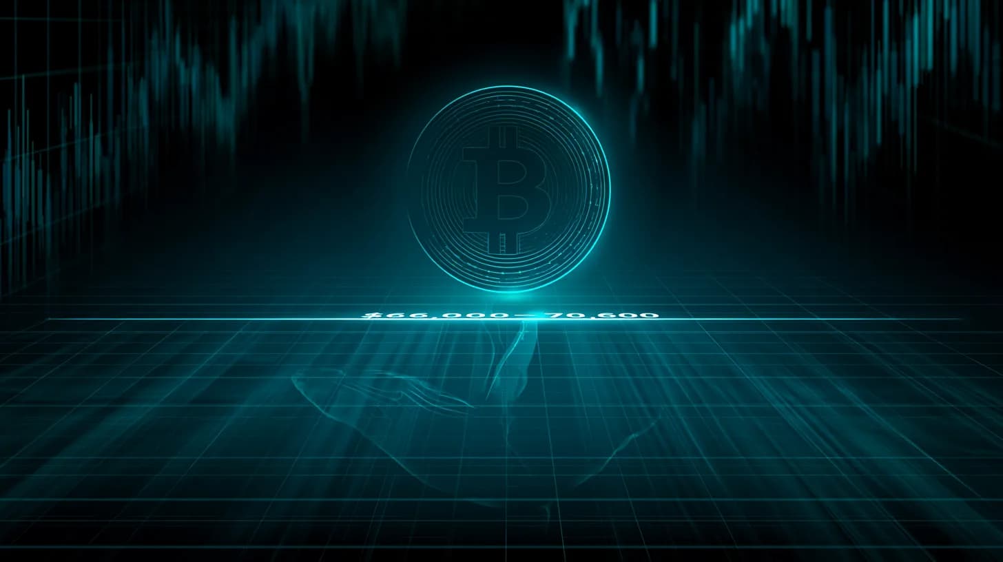 Bitcoin coin balanced on a price-level ledge labeled $66K-$70.6K with a whale shadow underneath, financial chart background