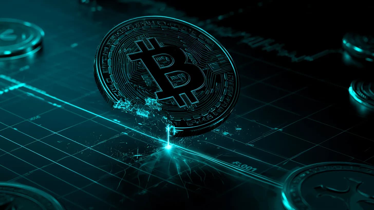 Bitcoin coin balanced on a candlestick wick at the $80,000 level with XRP and SOL tokens glowing in the background