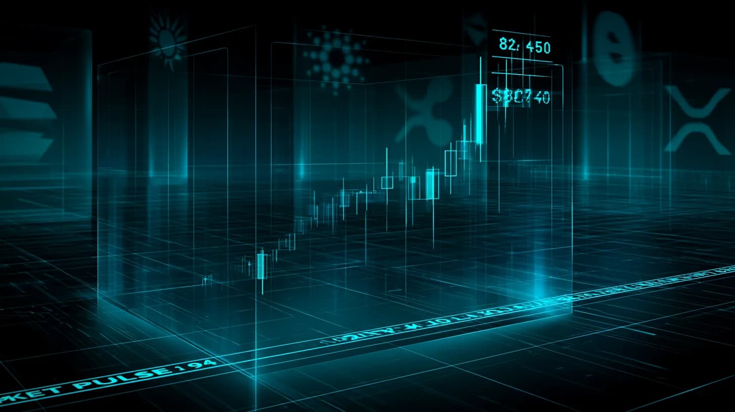 Editorial illustration of a Bitcoin candle chart breaking through an $82,450 resistance band with Solana, XRP, and Cardano…