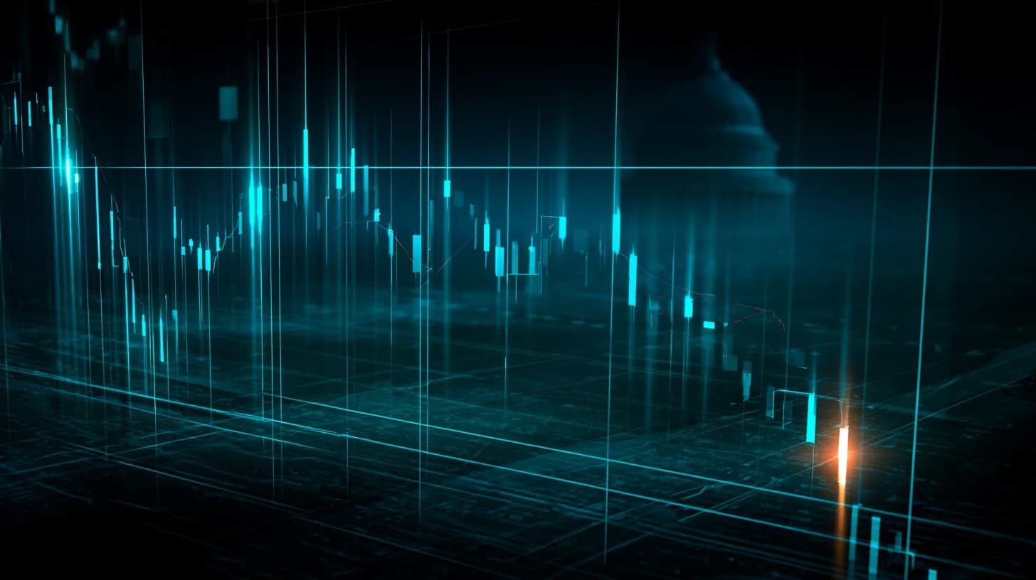 Bitcoin candlestick chart breaking below $80,000 with faint US Capitol silhouette, editorial market illustration