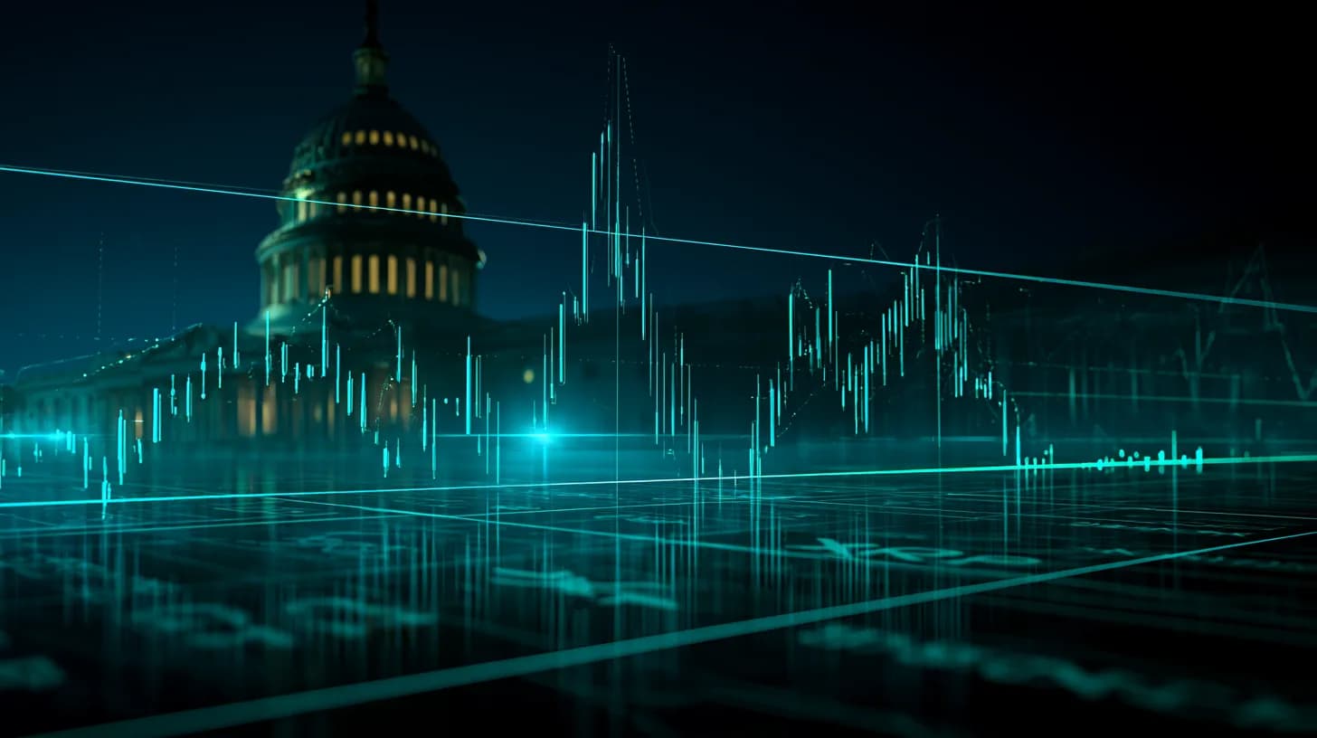 Capitol dome at dawn overlaid with a stalling Bitcoin chart and faint XRP and Solana tickers