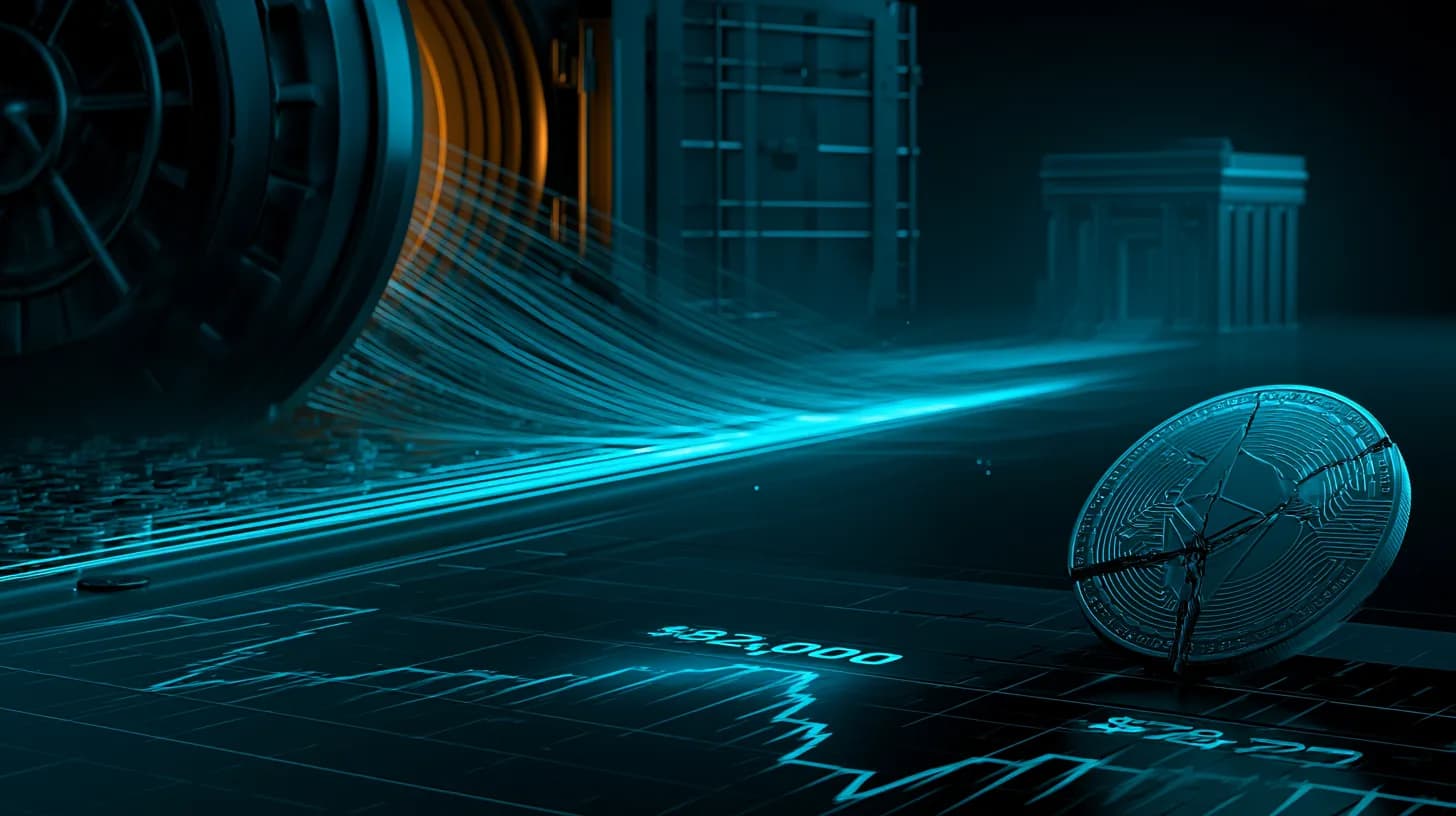 Vault releasing Ethereum coins toward an exchange while a cracked Bitcoin coin sits on a declining price chart from $82K to…