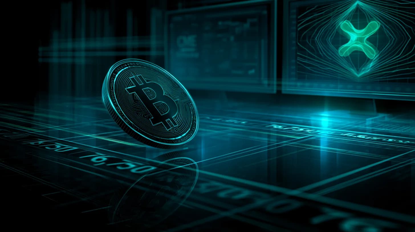 Bitcoin coin sliding off a trading desk while XRP chart with tightening Bollinger Bands glows on a second screen