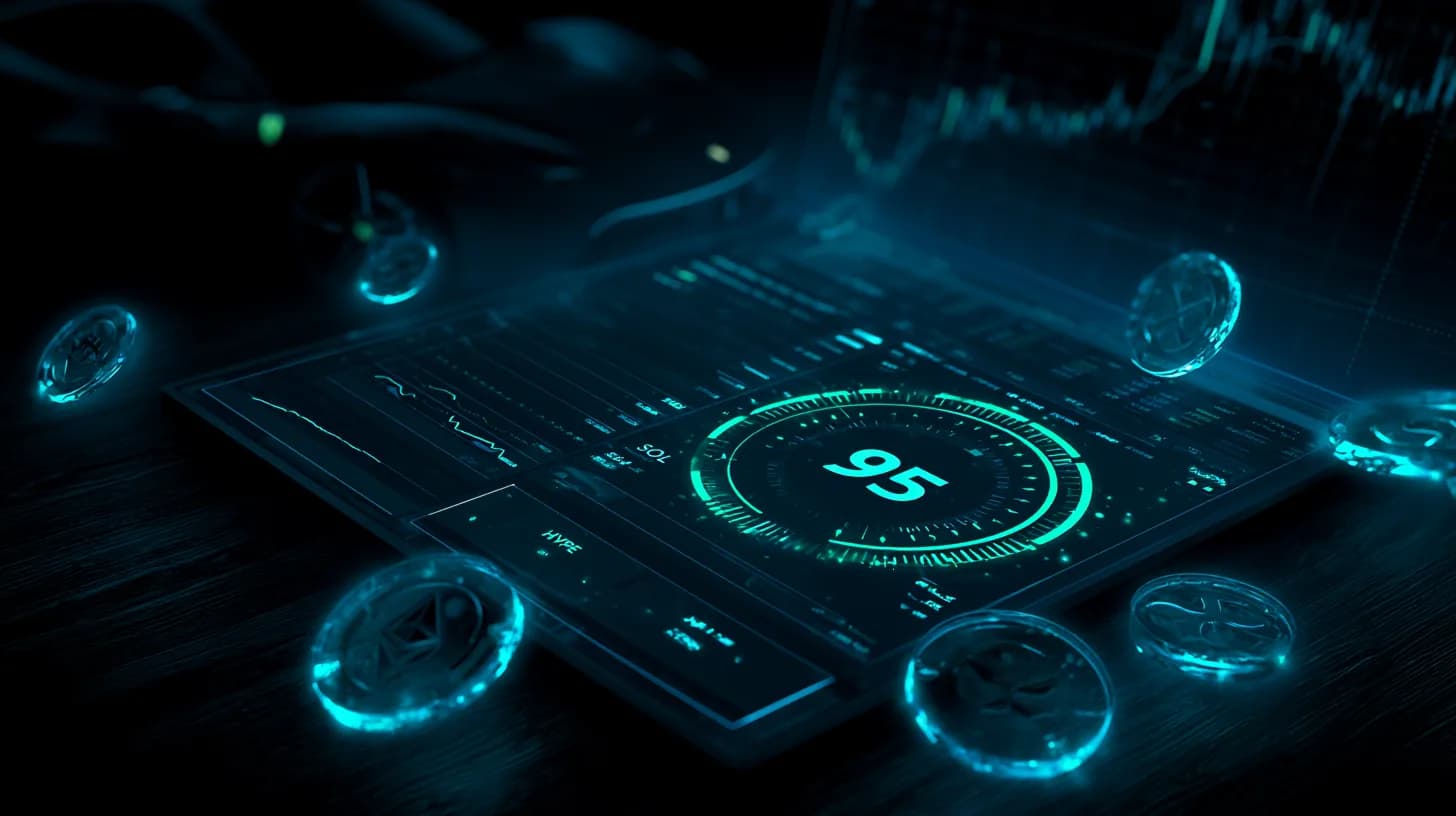 Trading terminal with sentiment gauge at 95 amid floating crypto token icons and a faint Ferrari silhouette in moody navy…
