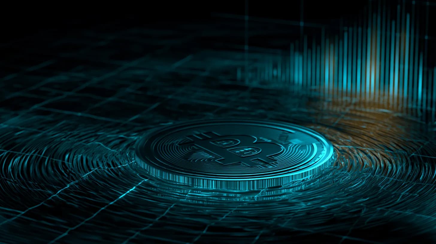Bitcoin coin partially submerged with rising chart bars behind it, illustrating ETF outflows against bullish 2026 inflow…