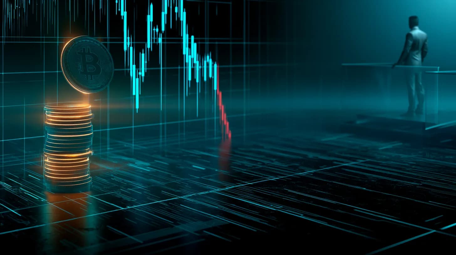 A stack of Bitcoin coins with one falling off as a red ETF candlestick wick drops behind a trader on a dim financial-news…