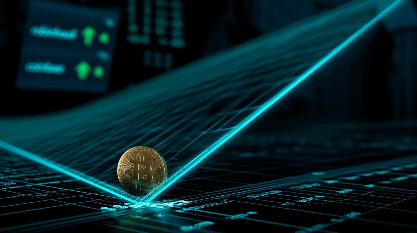 Golden Bitcoin coin balanced on a rising wedge trendline at $70,000 with Robinhood and Coinbase tickers glowing in the…