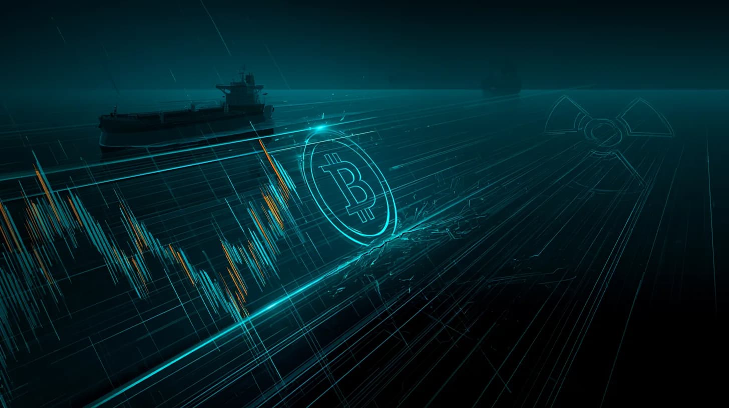 Bitcoin candlestick chart testing rising channel support with faint background imagery of a tanker and nuclear symbol