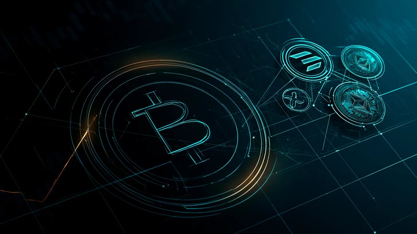 Stylized Bitcoin logo with a downward demand curve and smaller Solana, XRP, ETH logos connected by derivatives network…