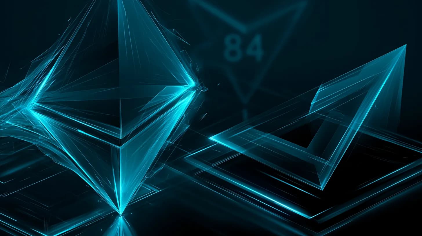 Stylised Ethereum diamond fading on the left, Arbitrum chevron rising on the right, sentiment gauge reading 84 in the…