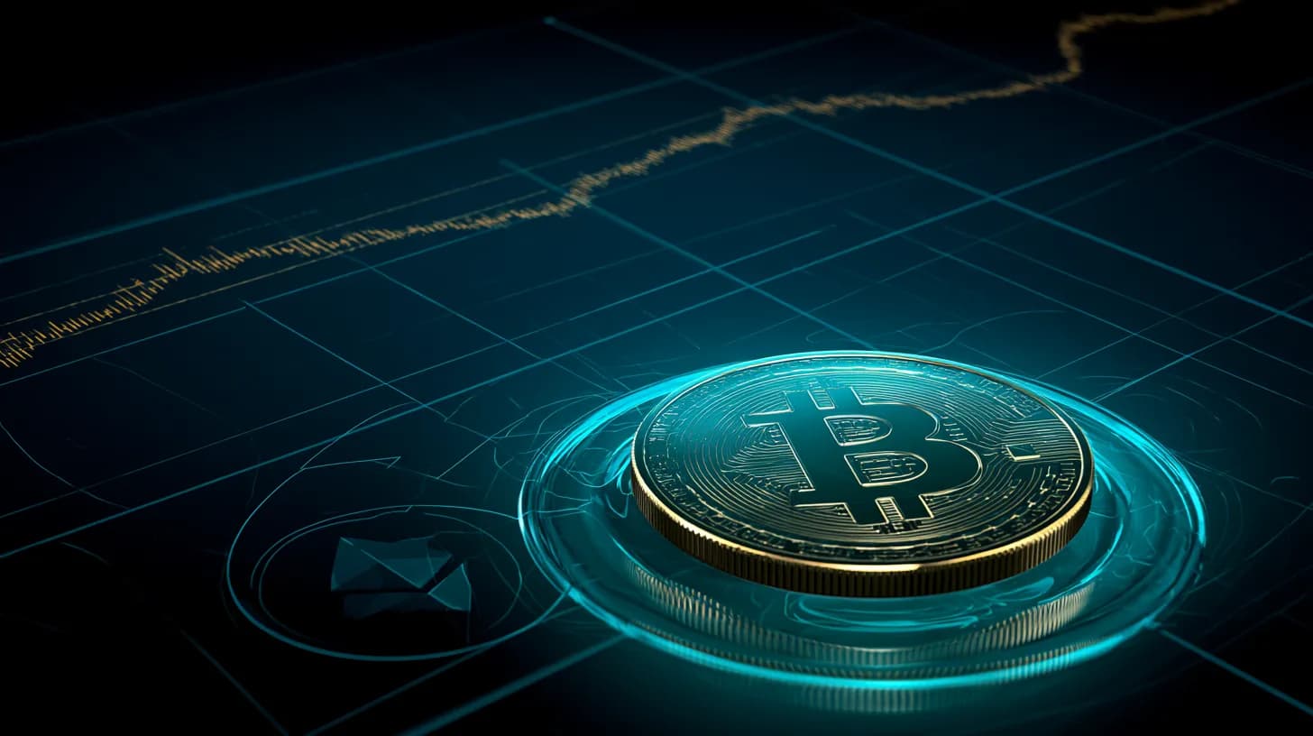 Gold Bitcoin coin reflecting Ethereum and XRP logos over a dark amber candlestick chart, editorial market illustration