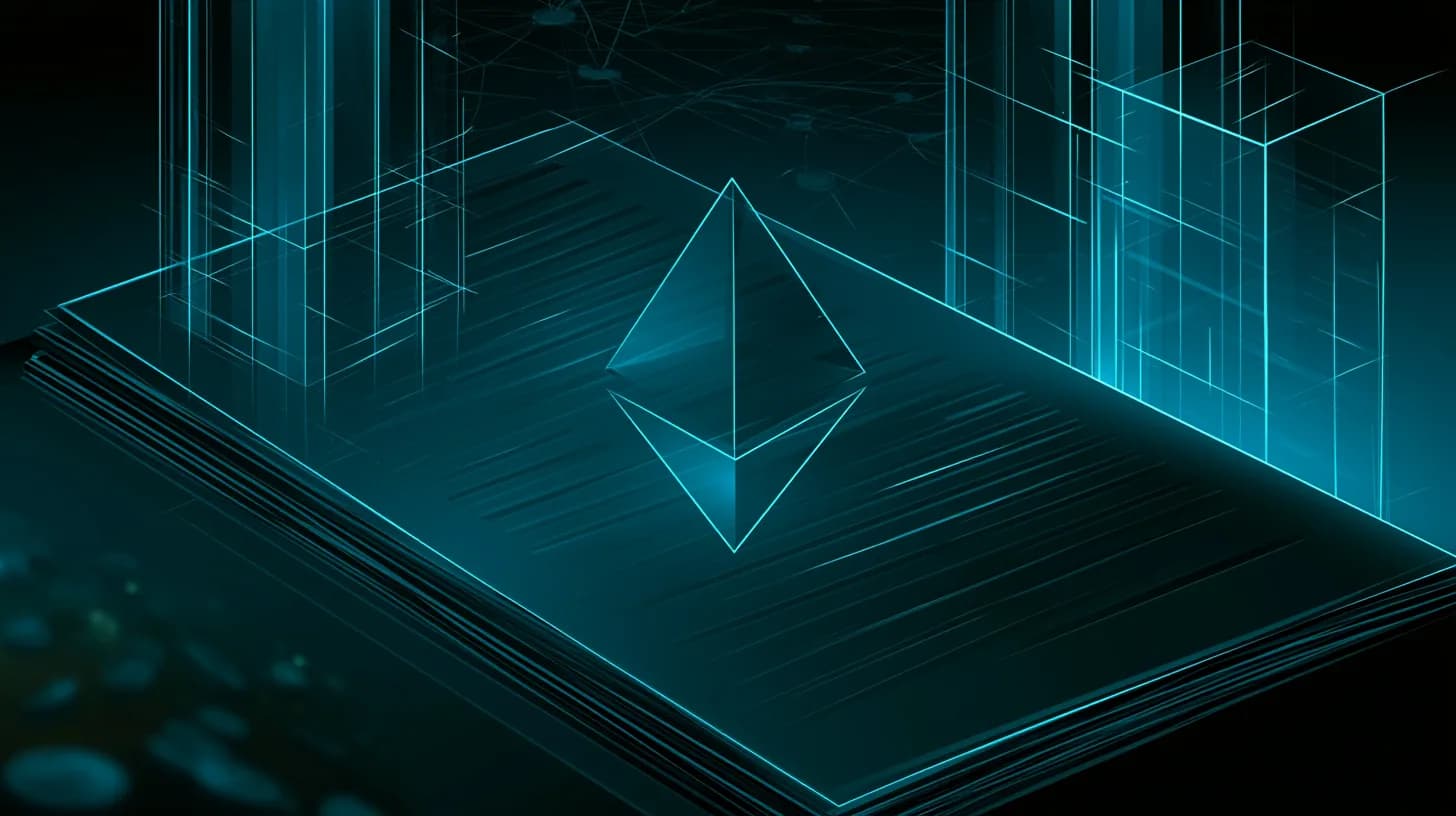 Editorial illustration showing an Ethereum symbol at the center of an institutional ledger surrounded by asset-manager…