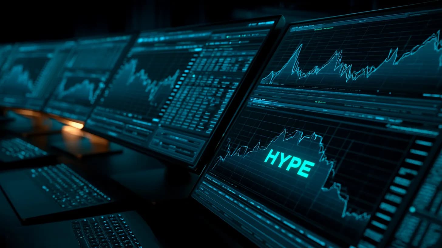 Trading desk monitors display an options chain and a HYPE ticker at dusk