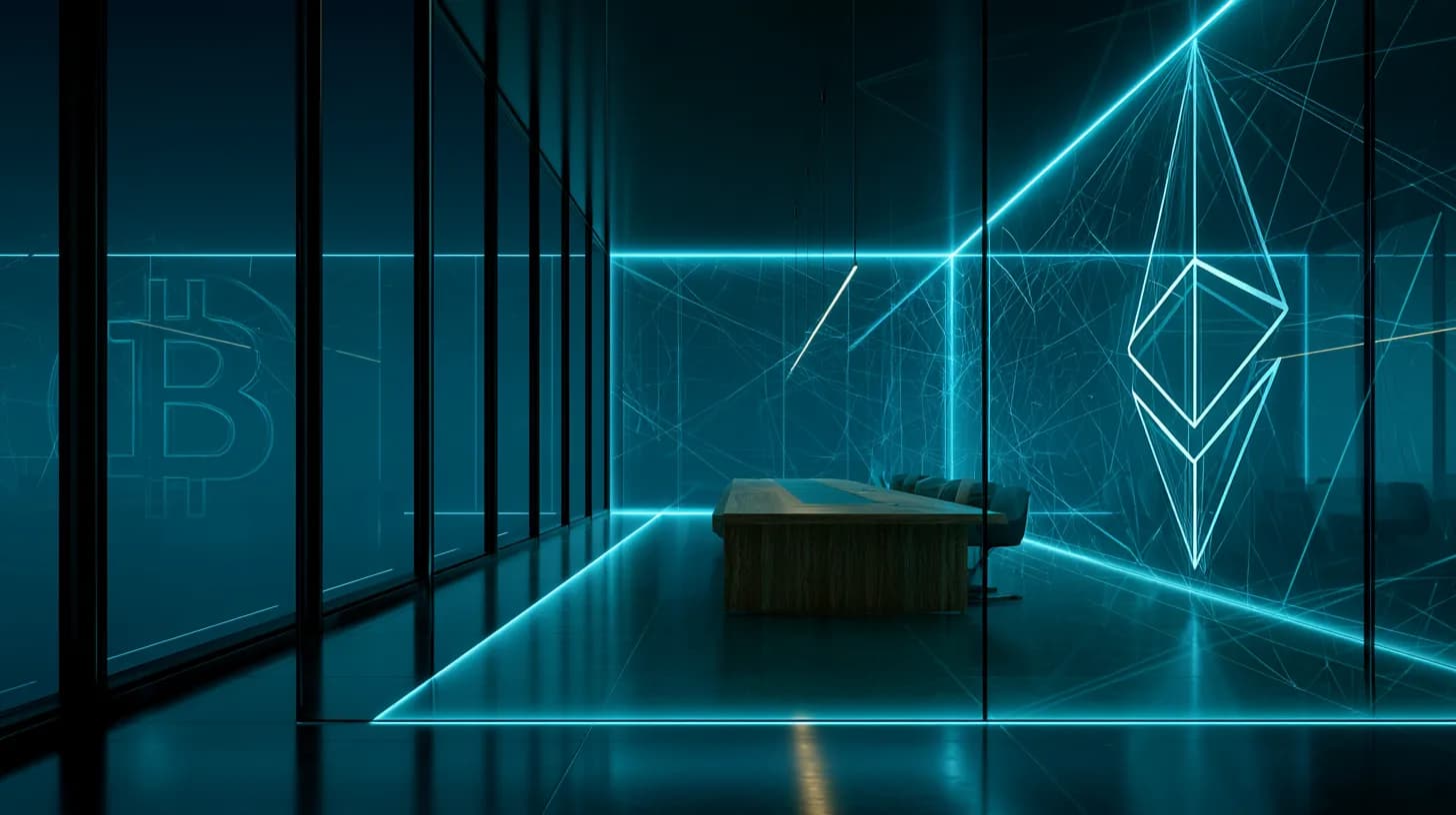 Modern venture capital conference room with abstract crypto logo glass etchings at golden hour
