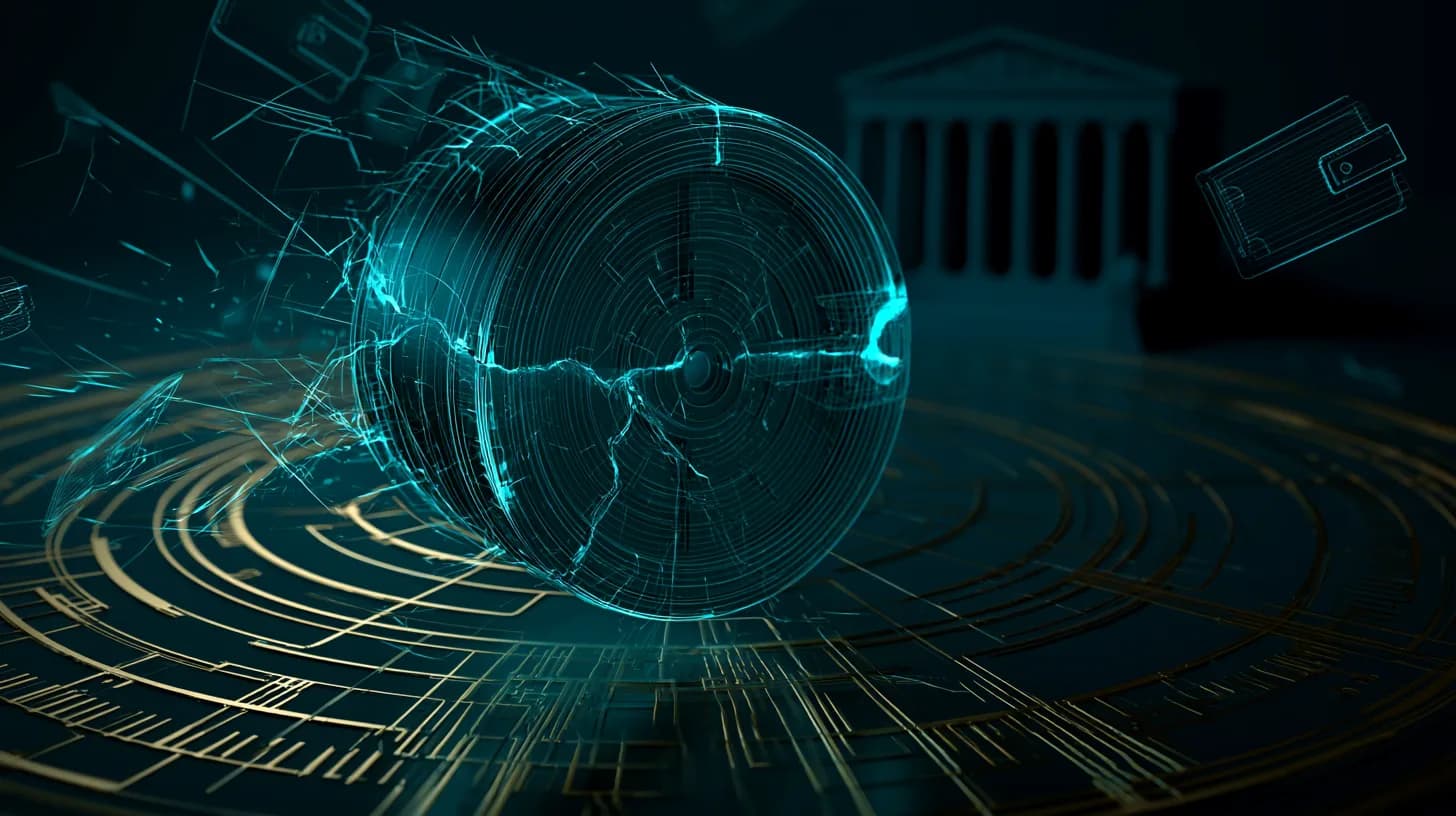 Frozen digital vault on Arbitrum network with courthouse silhouette behind, illustrating Aave legal fight