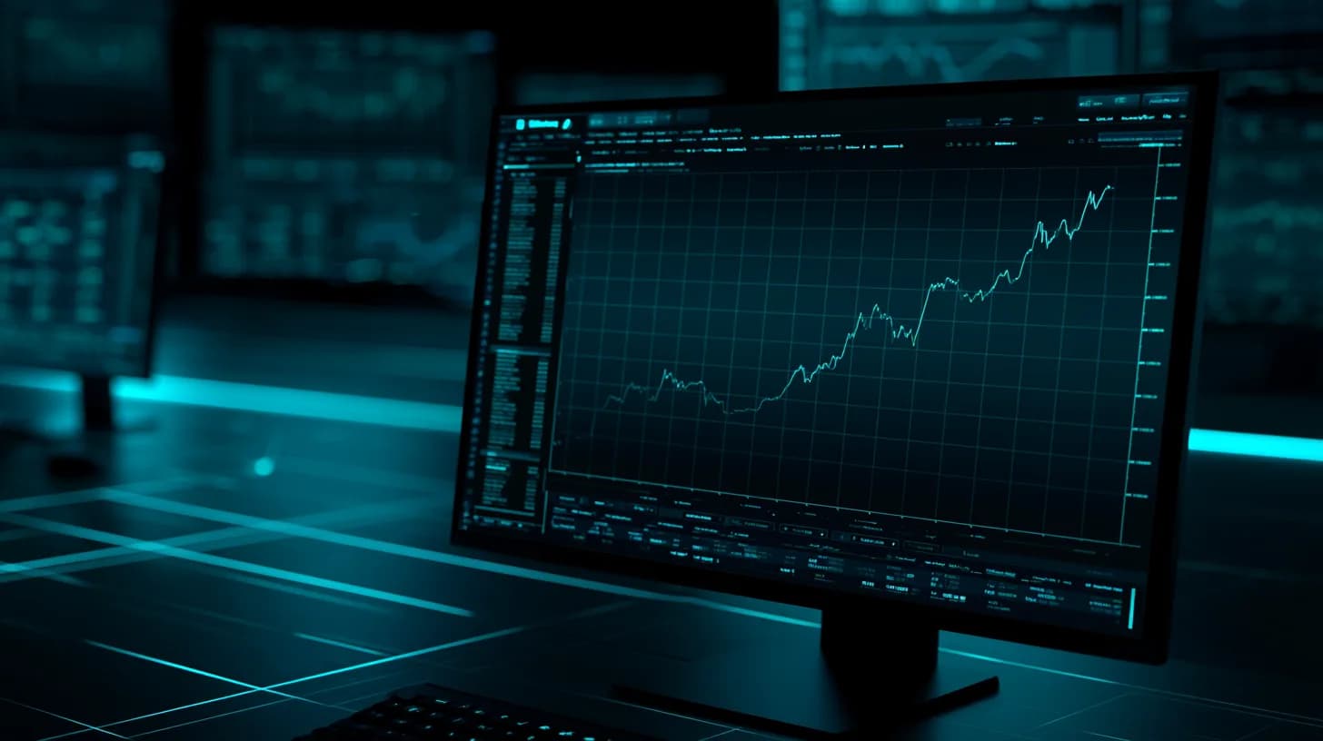 Trading desk monitor showing bitcoin chart rising as altcoin tickers fade in background