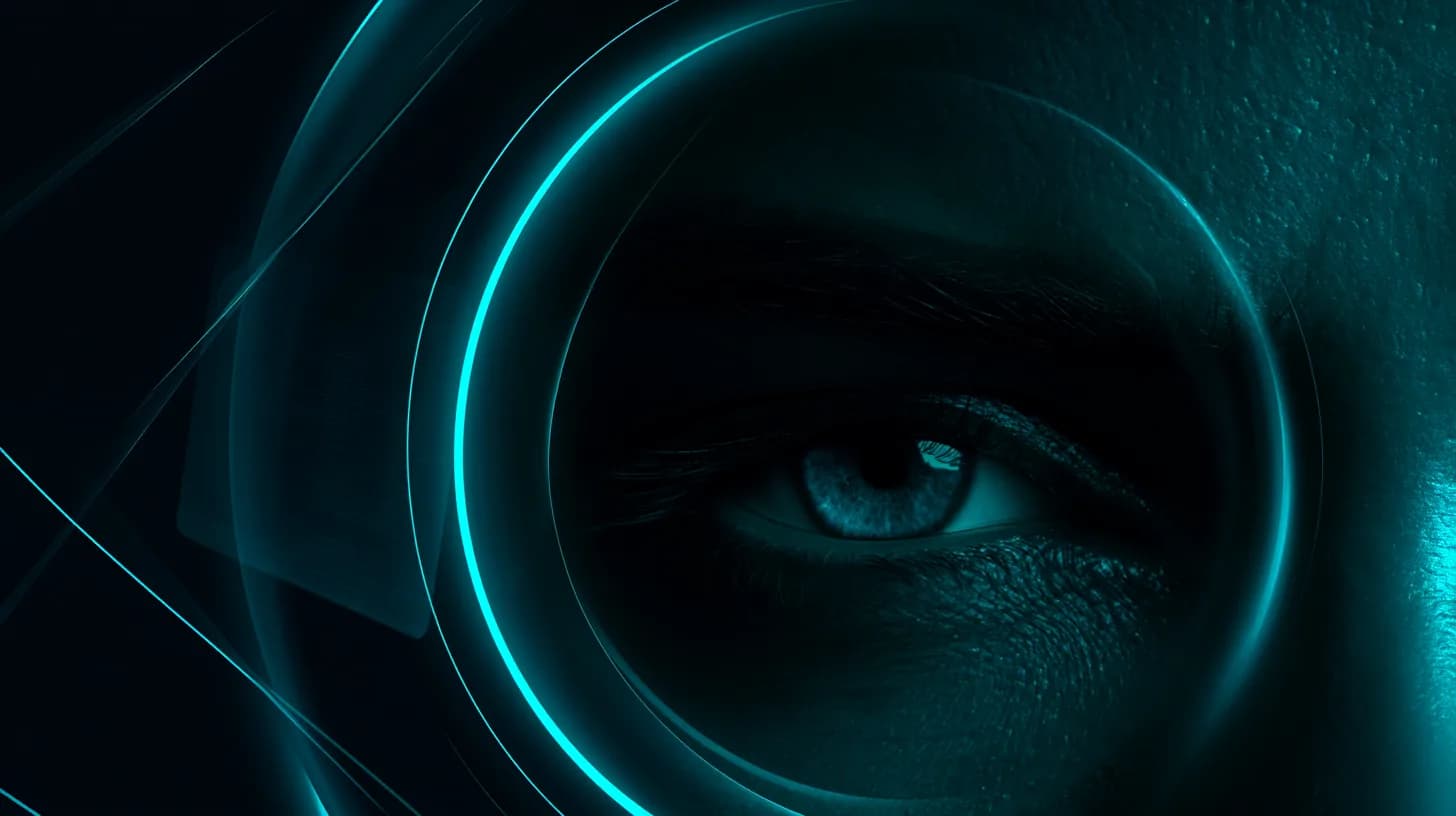 AI robot's eye scanned by blue iris-verification ring, symbolizing AgentKit World ID integration