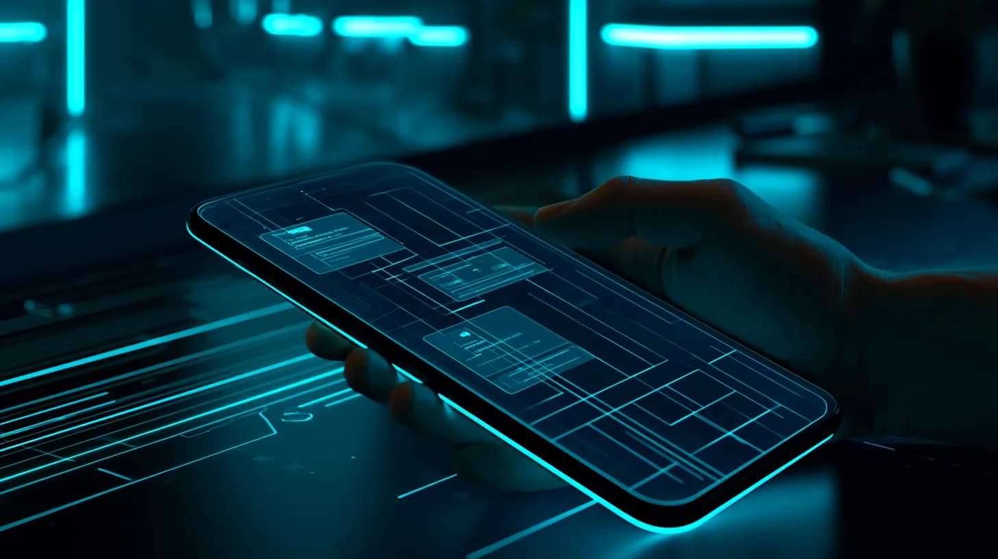 Smartphone glowing on a desk at night with an abstract chat-style shopping interface, illustrating an AI agent buying on…