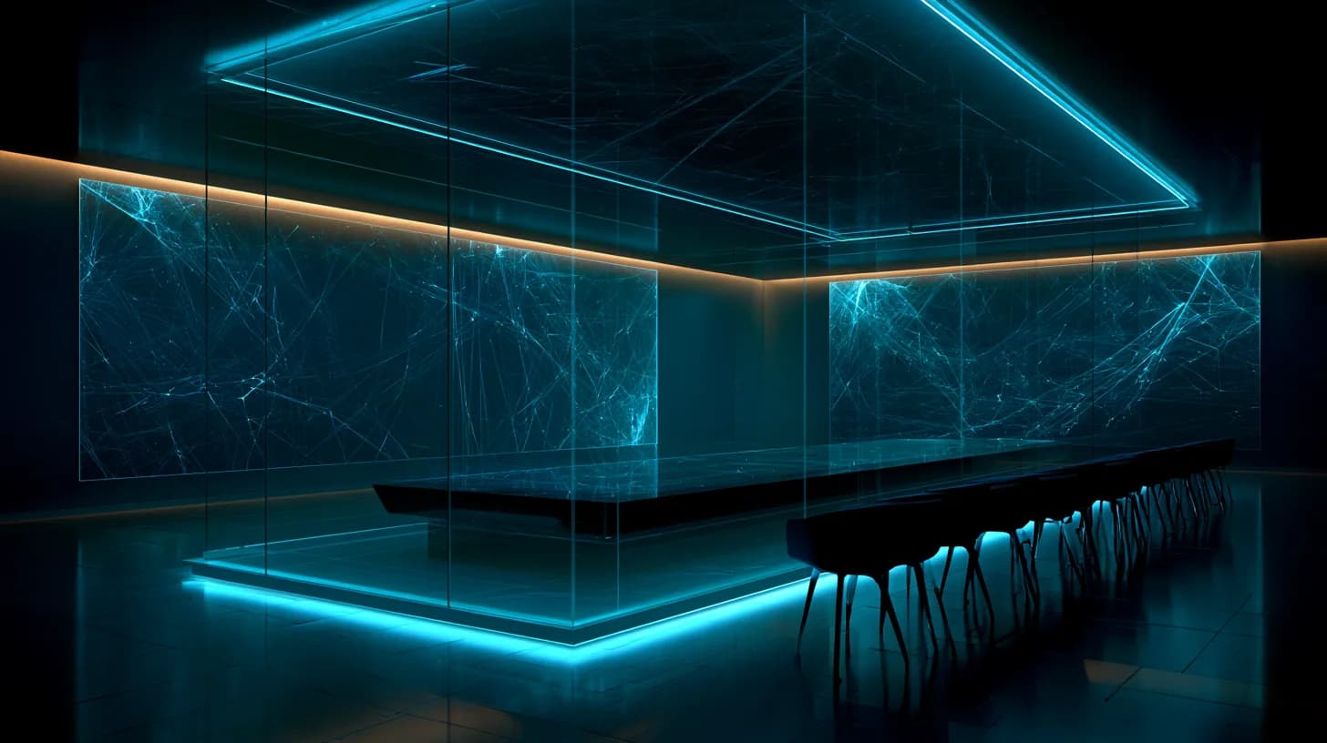 Boardroom display shows abstract neural network as Amazon outlines AI catch-up strategy versus OpenAI and Anthropic