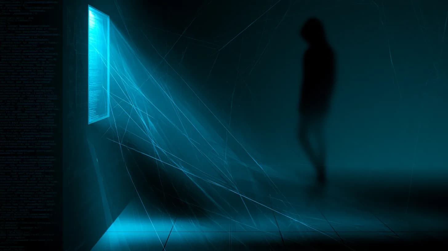 Dim server room with smart contract code glowing on a terminal as a hooded silhouette recedes into shadow
