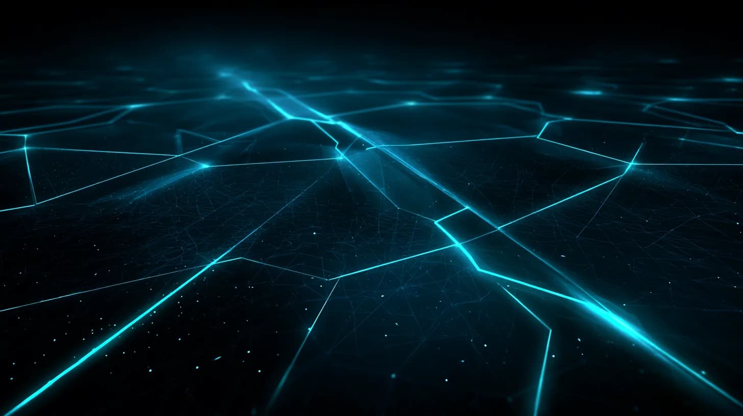 Abstract neural mesh probing a stylized smart contract block in dark navy and crimson