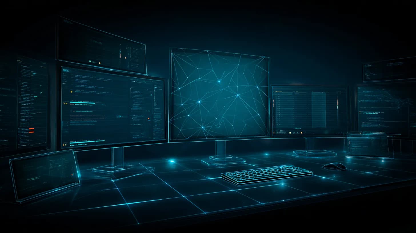 Analyst at a multi-monitor desk reviewing smart-contract code with an AI neural-network overlay highlighting one flagged…