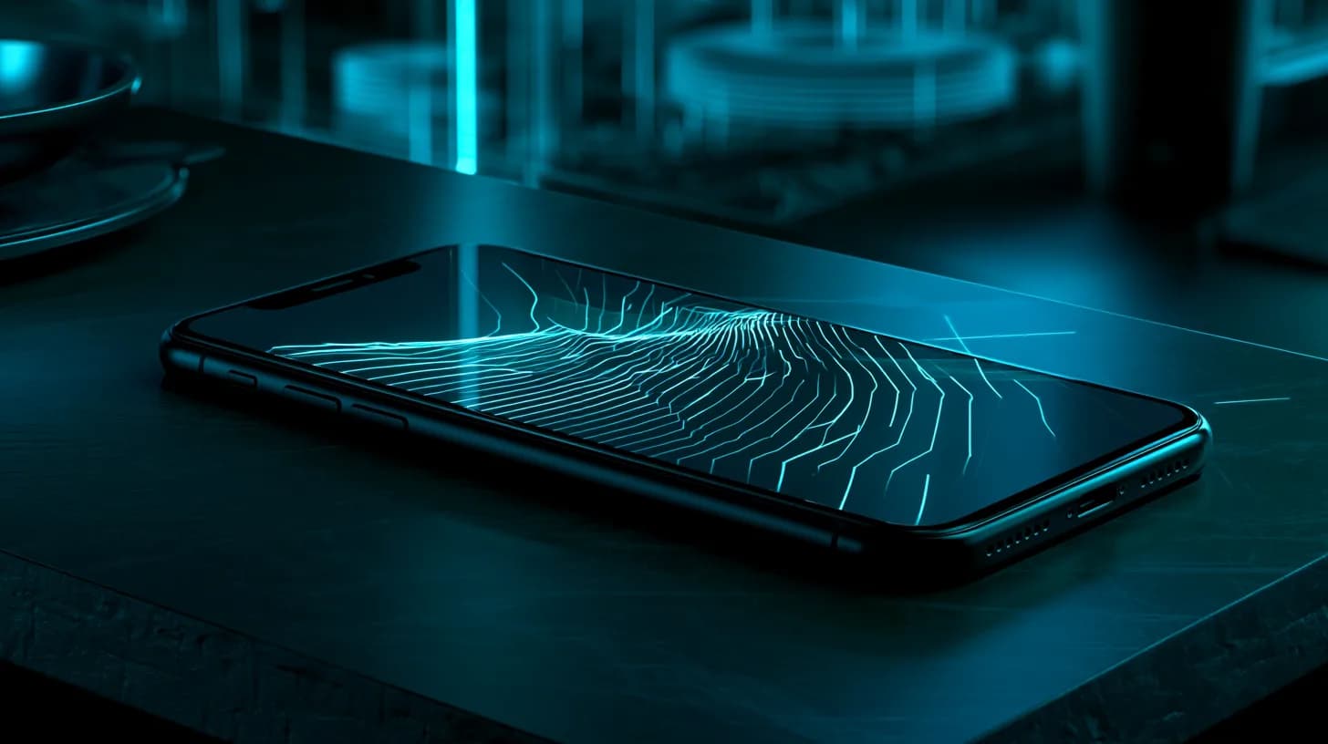 iPhone on dark desk with glowing blue Siri waveform, illustrating Apple's reported AI assistant overhaul