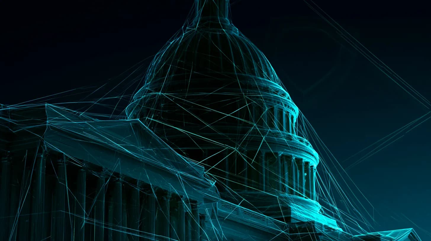US Capitol at dusk overlaid with circuit patterns symbolizing AI policy and federal procurement oversight