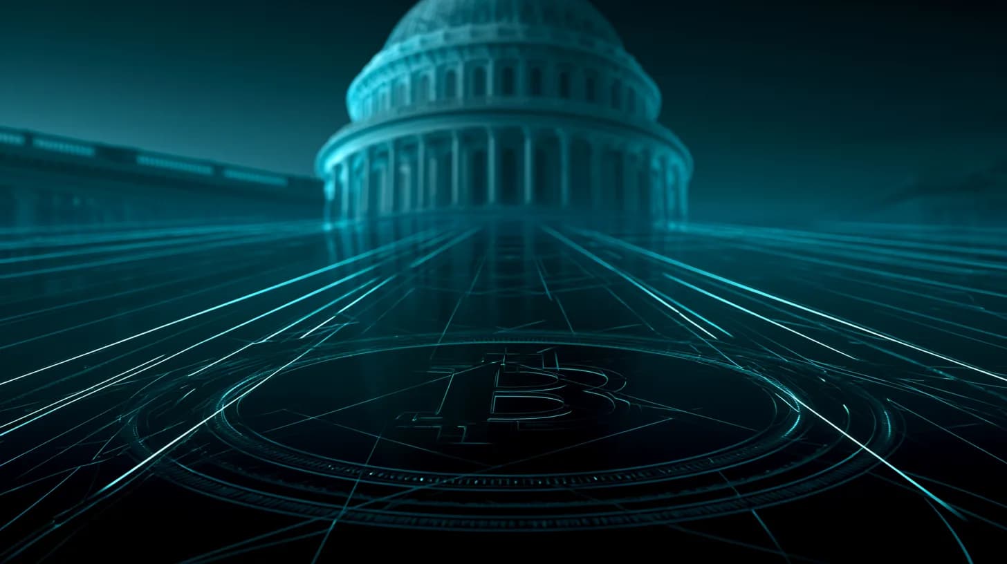 U.S. Capitol with a vault door at its base marked with a Bitcoin symbol, illustrating the proposed ARMA reserve bill
