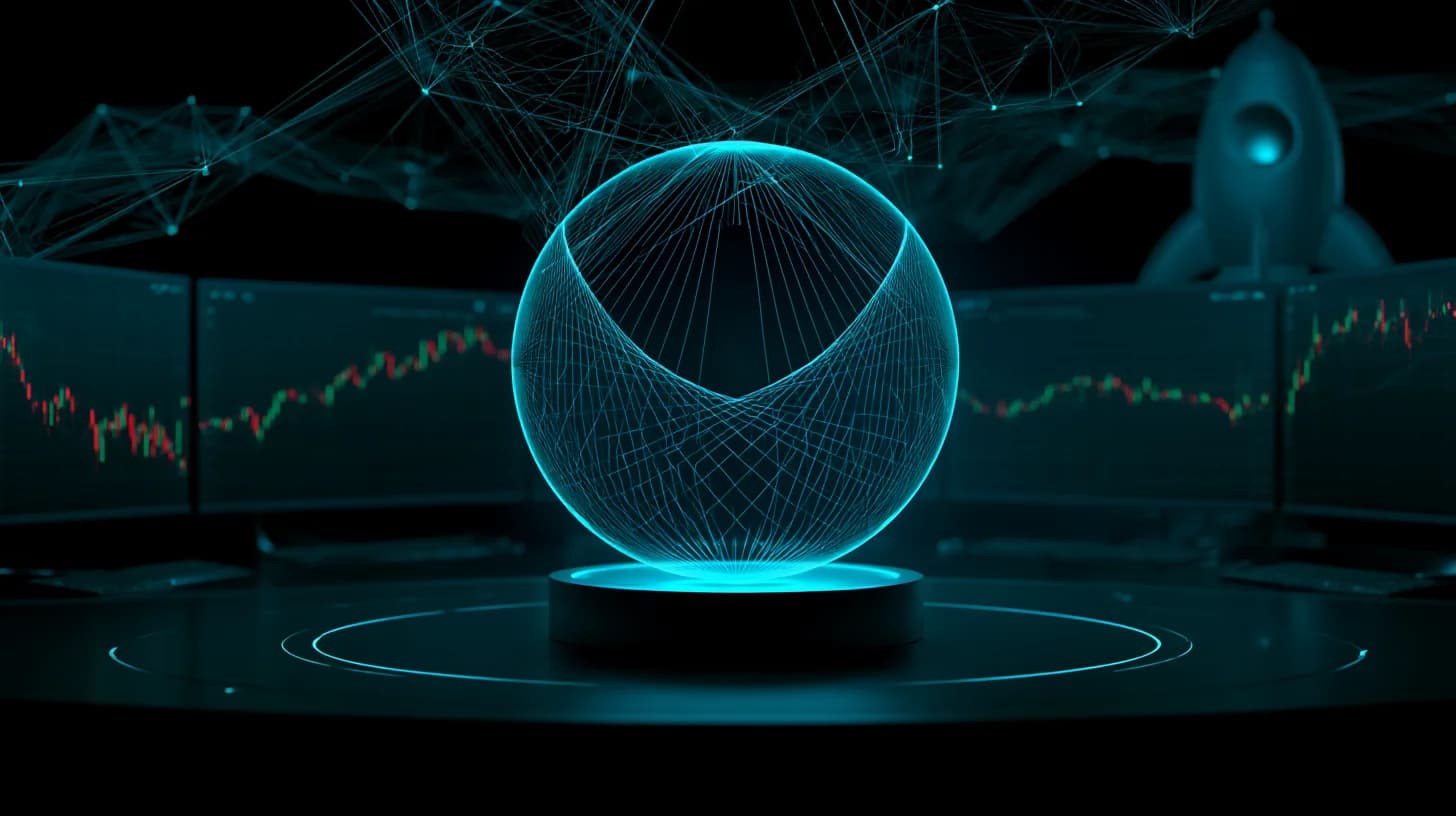 Glowing Worldcoin orb above trading monitors with neural-network strands reaching toward a rocket-shaped IPO bell