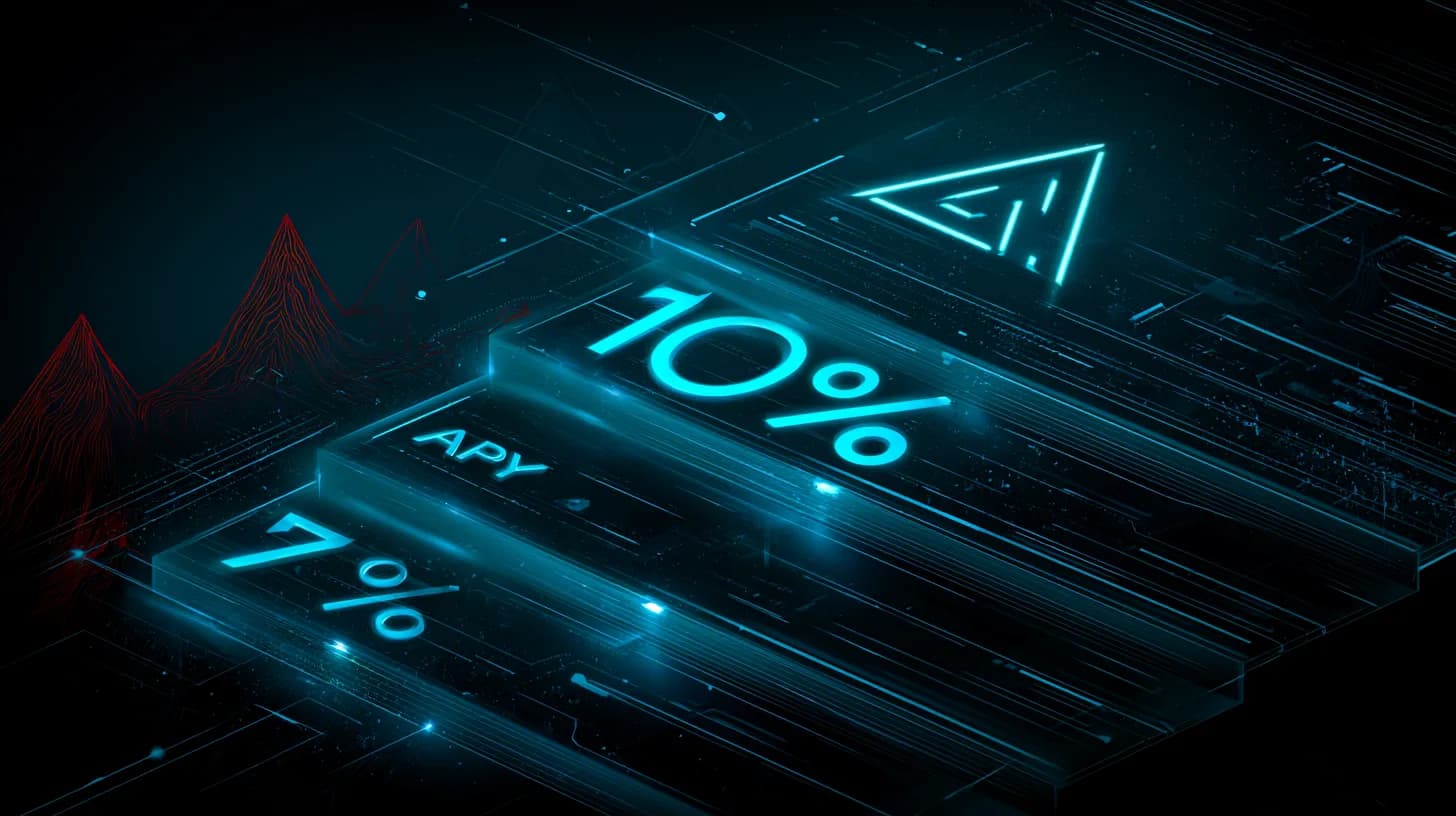 Avalanche AVAX logo beside a 10% staking APY dashboard tile stepping down to 7%, in a dark editorial illustration style.