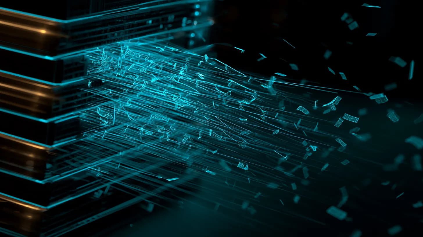 Glowing server rack streaming HTTP 402 payment receipts toward an abstract AI agent silhouette