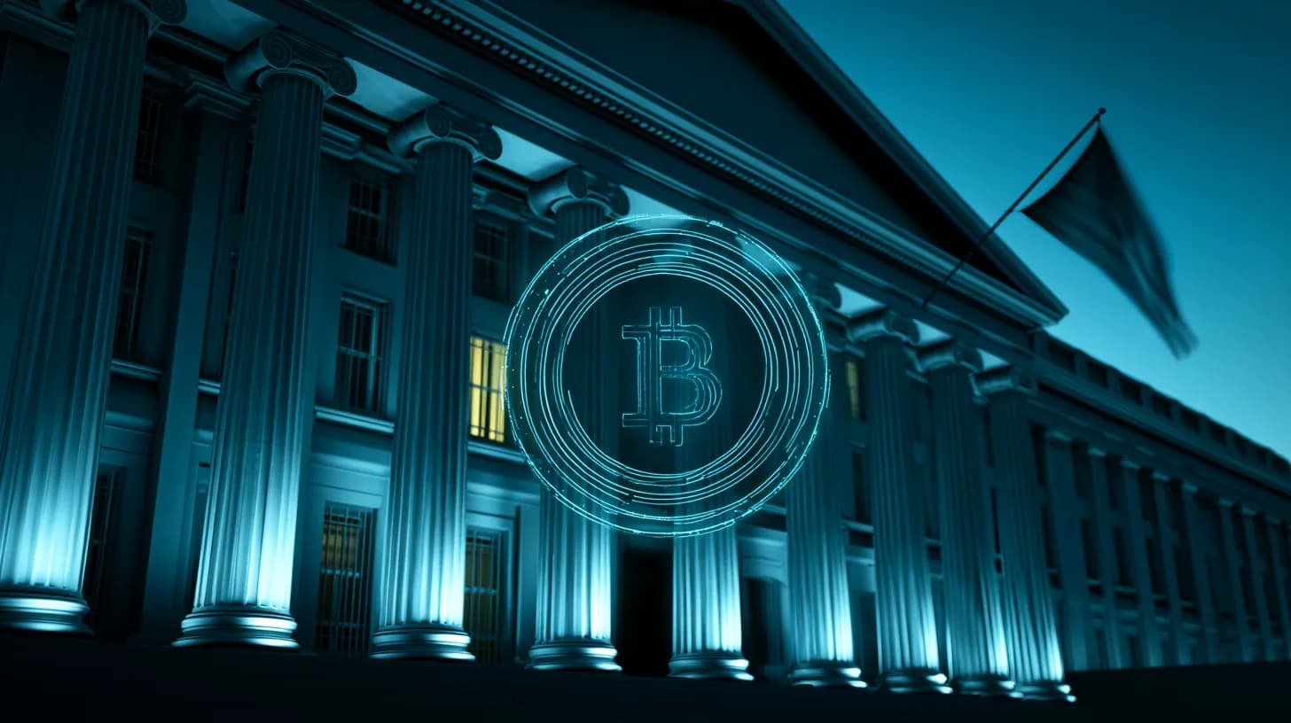 U.S. Treasury building at dusk with American flag and subtle Bitcoin emblem near entrance