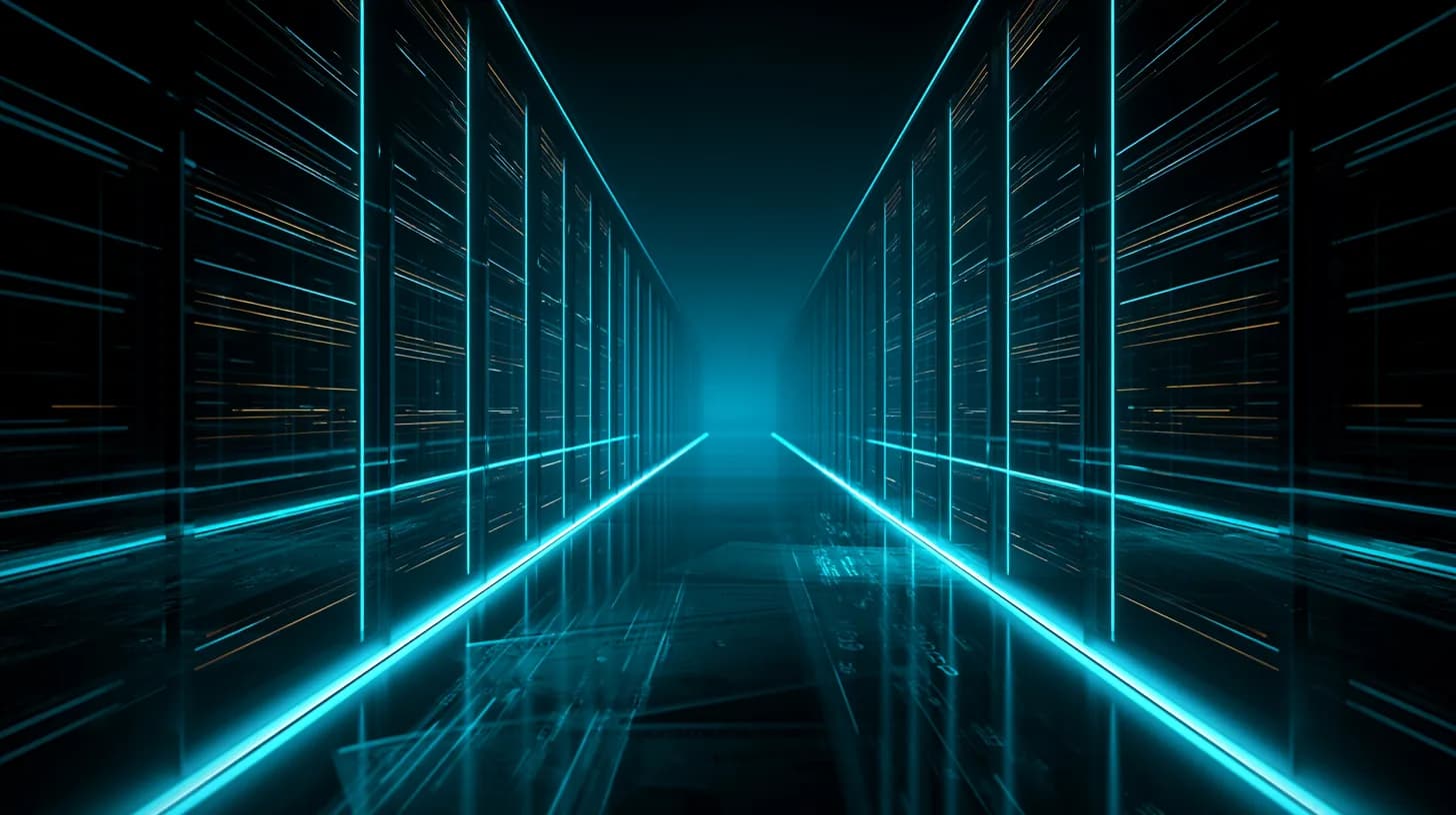 Data center server corridor with faint financial document overlay, illustrating Big Tech bond issuance for AI