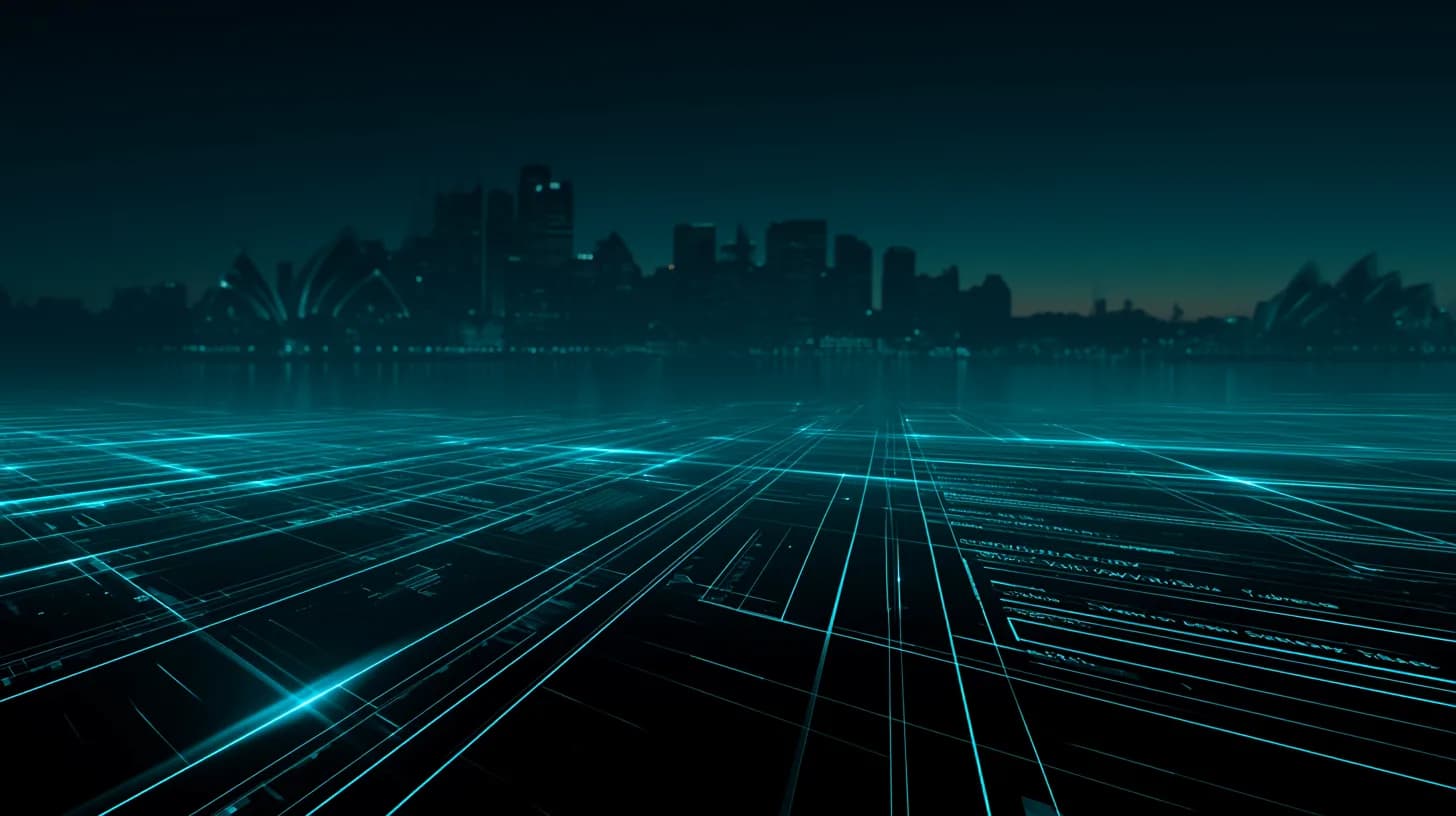 Sydney skyline at dusk behind a glowing digital ledger showing crypto wallet IDs and verification fields