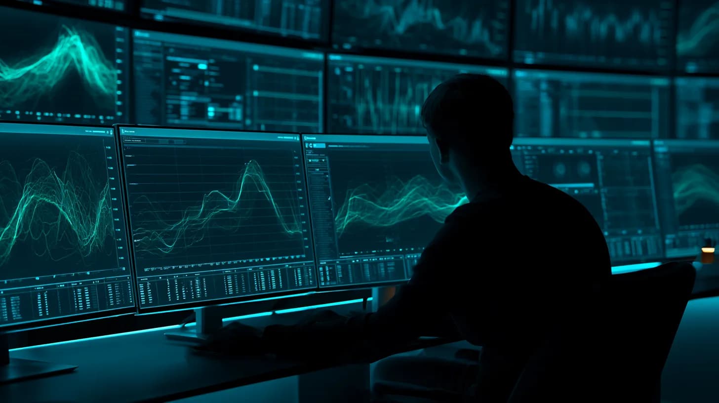 Analyst monitoring blockchain transaction recovery dashboards in a dimly lit crypto exchange operations center