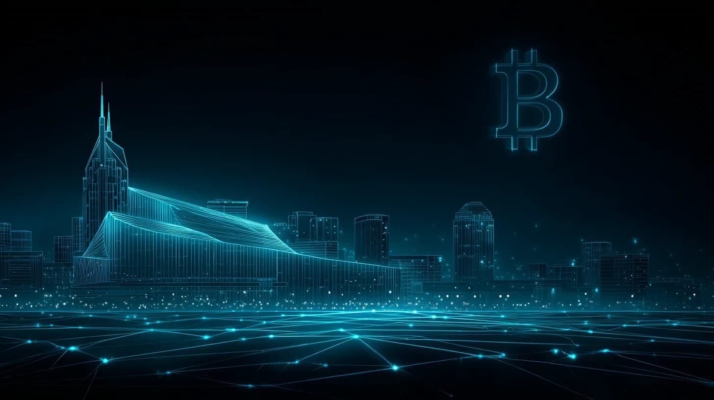 Nashville skyline at golden hour with Music City Center and a subtle Bitcoin motif in the sky