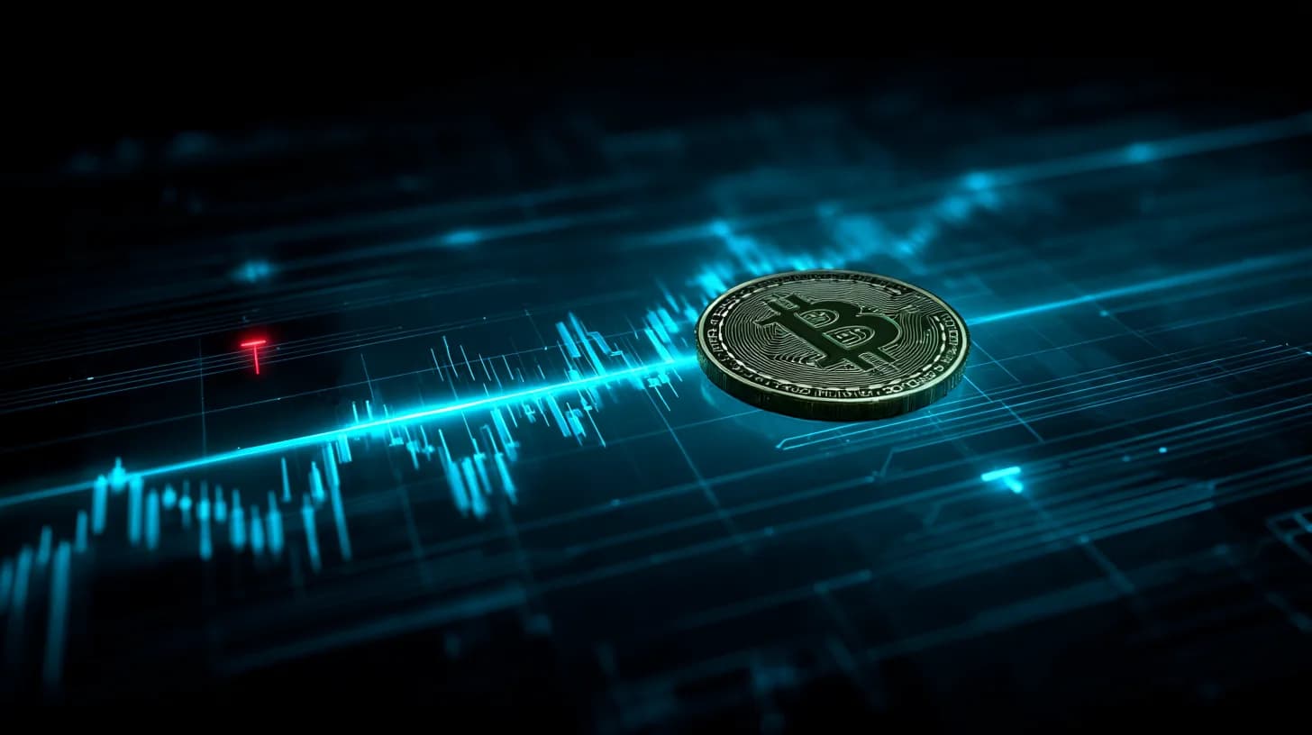 Gold Bitcoin coin balanced above a weekly candlestick chart with the 21-week EMA highlighted and a red rejection wick at…