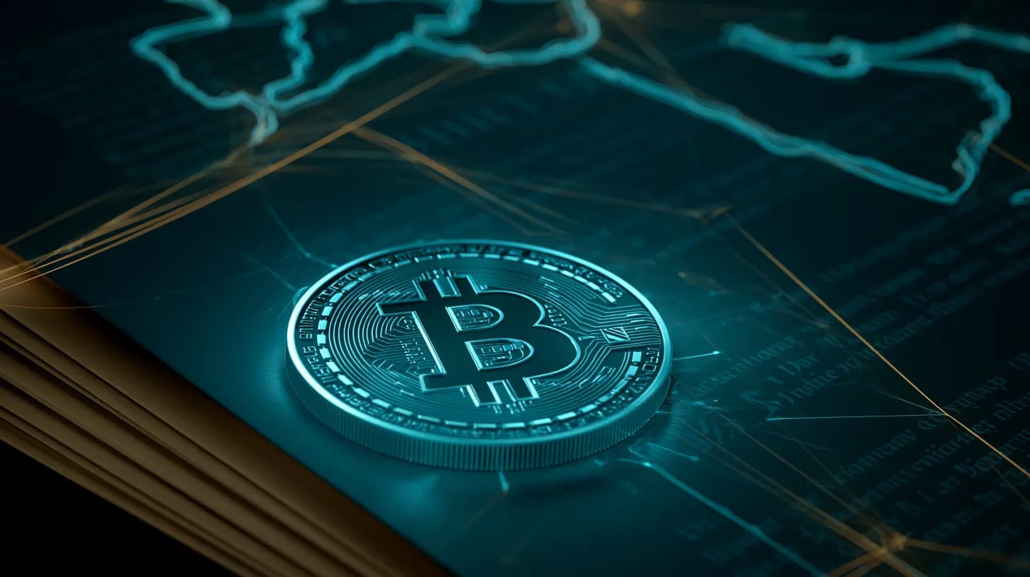 Bitcoin coin atop a folded diplomatic document with a faint Middle East map, signaling US-Iran deal news