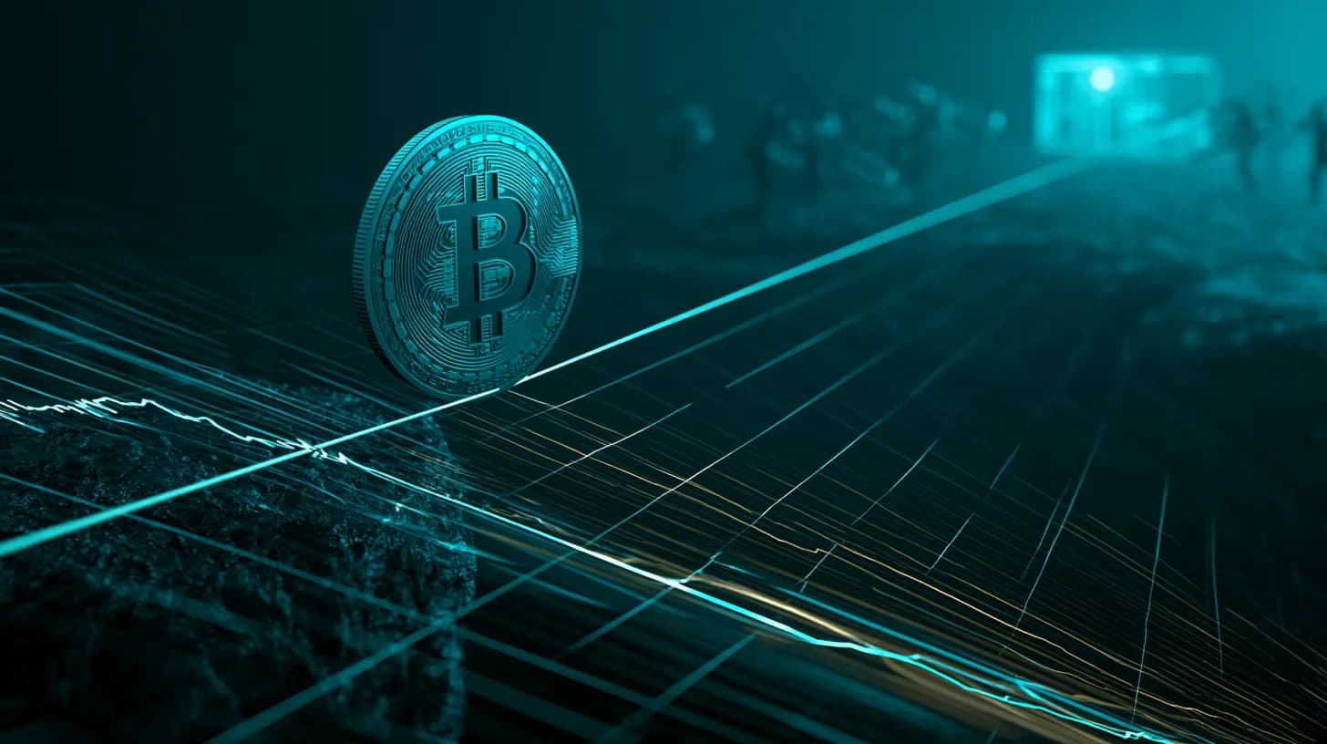 A bitcoin coin balancing on a tightrope above a converging wedge chart, with miner silhouettes feeding into an exchange in…