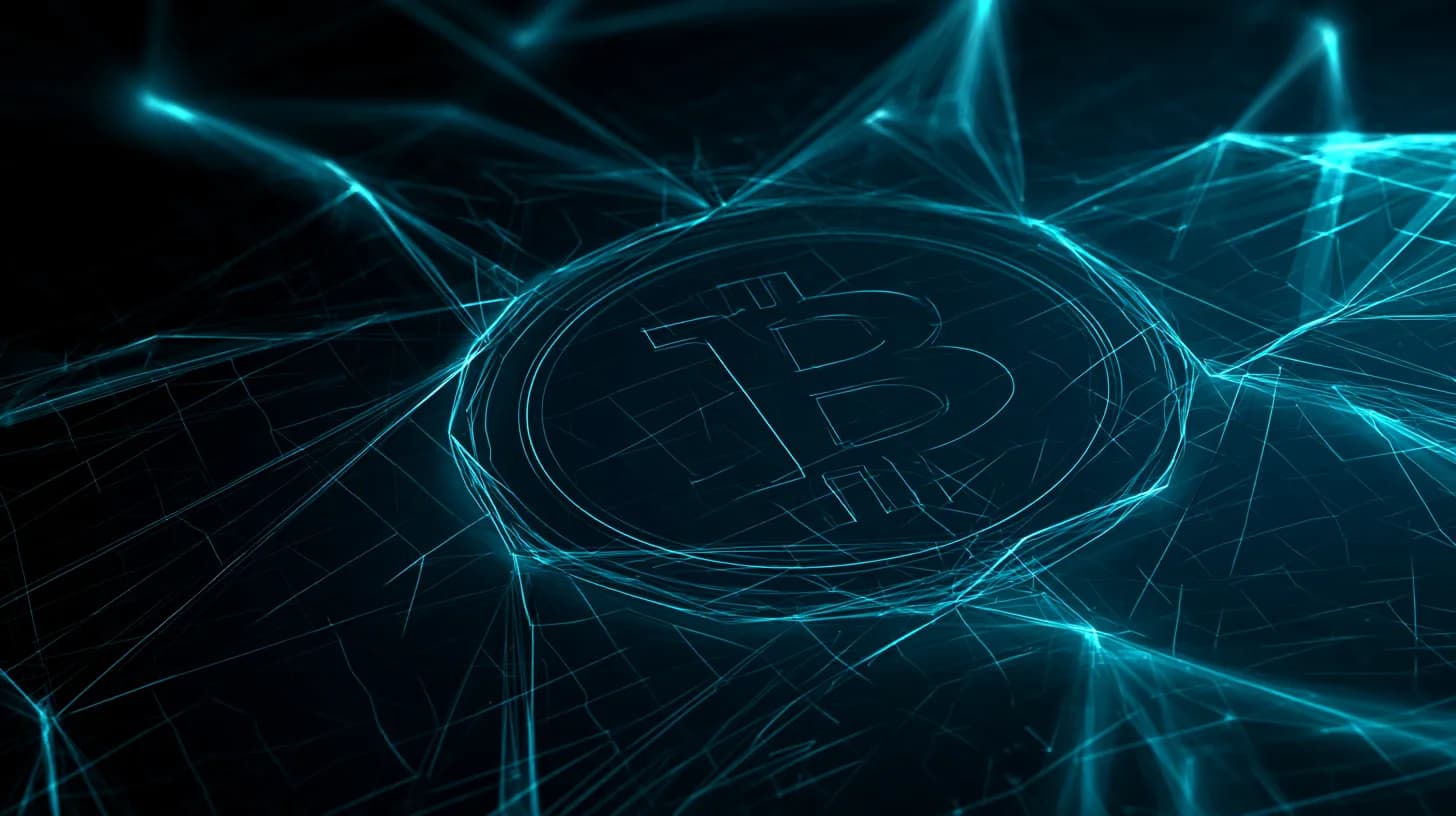 Bitcoin logo over declining candlestick chart with on-chain supply metrics overlay