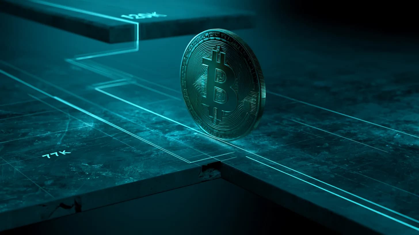 Bitcoin coin balanced on a ledge labeled 77K with a higher ledge labeled 120K above and a steep drop below